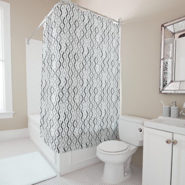 Mid Century Mod Geometric Pattern Greys Shower Curtain (In Situ)
