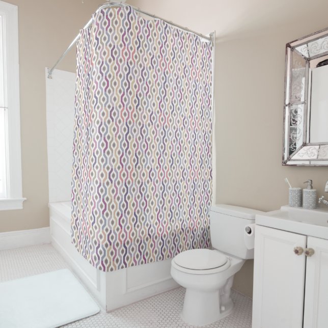 Mid Century Mod Geometric Pattern Purple Shower Curtain (In Situ)