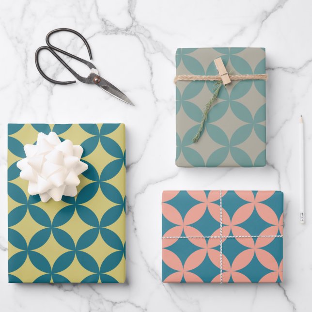 Mid-Century Mod Geometric Retro Modern Blue Wrapping Paper Sheet (Front)