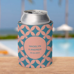 Mid-Century Mod Geometric Retro Wedding Teal Peach Can Cooler