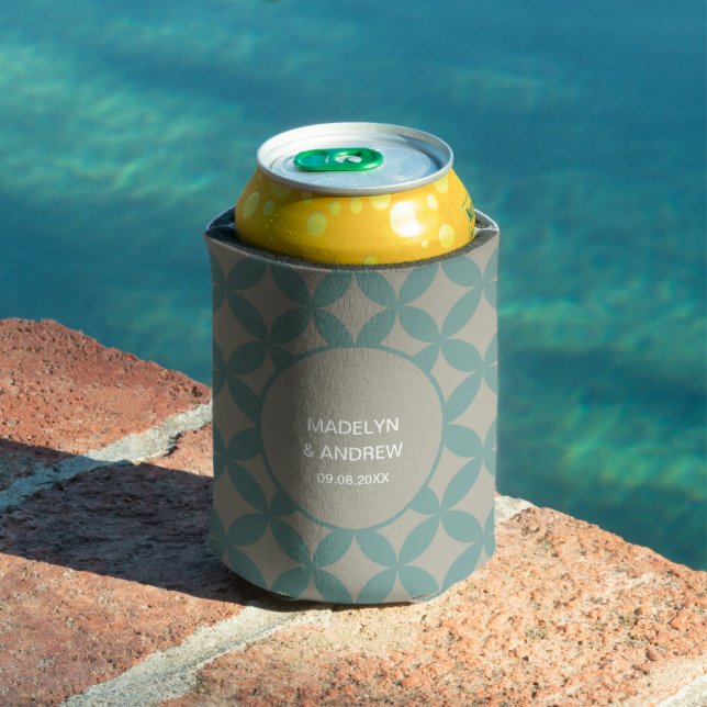 Mid-Century Mod Geometric Retro Wedding Turquoise Can Cooler (In Situ Pool)