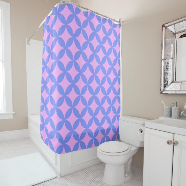 Mid Century Mod Pattern in Pink and Periwinkle Shower Curtain (In Situ)