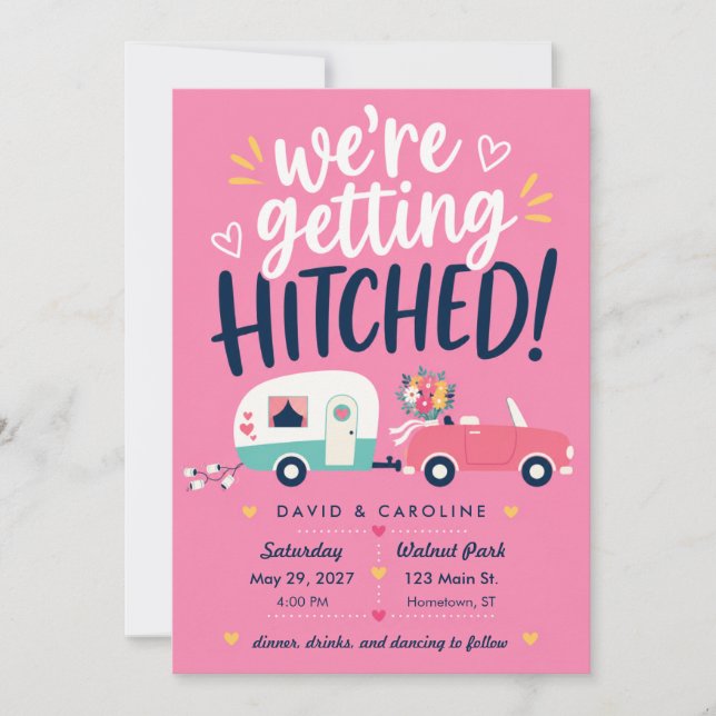 Mid-Century Mod Pink Trailer Hitched Wedding Invitation (Front)