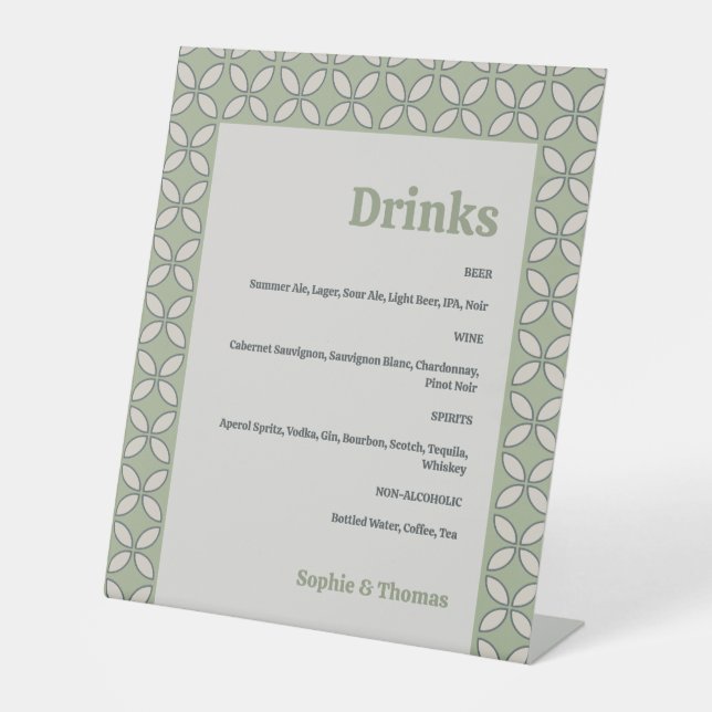 Mid Century Mod Retro Wedding Olive Green Drinks Pedestal Sign (Front)