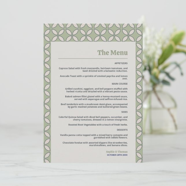 Mid Century Mod Retro Wedding Olive Green Menu (Standing Front)