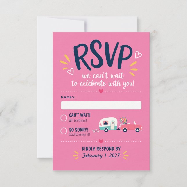 Mid-Century Mod Trailer Hitched Pink Wedding  RSVP Card (Front)