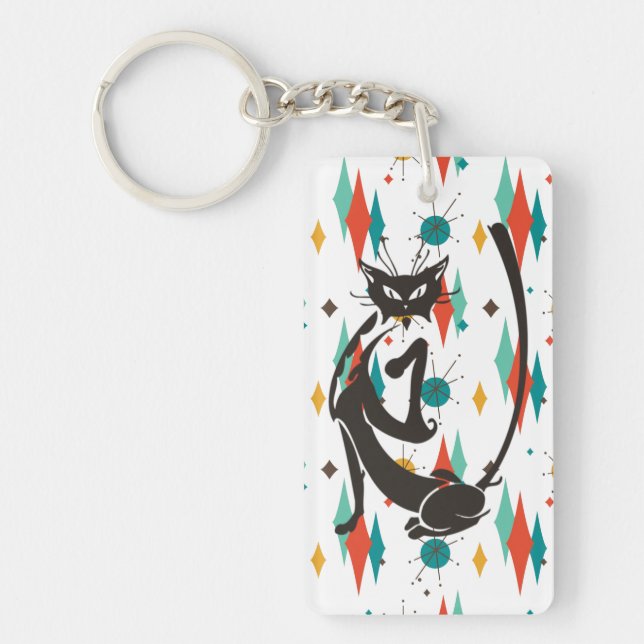 Mid Century Modern 50s Black Cool Cat  Key Ring (Front)