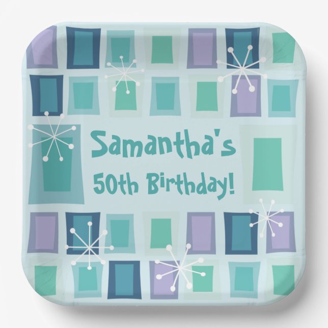 Mid Century Modern 50th Birthday Aquamarine Paper Plate (Front)