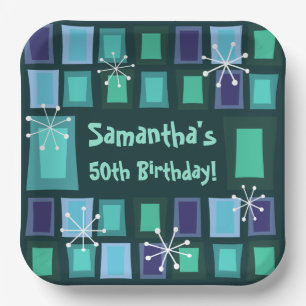Mid Century Modern 50th Birthday Teal Paper Plate