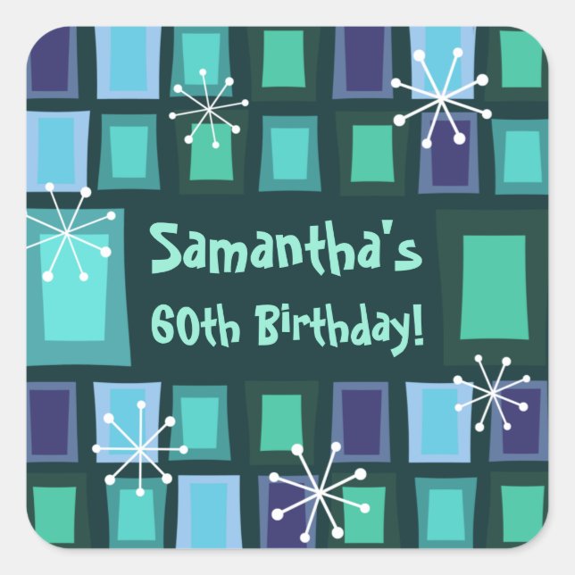 Mid Century Modern 60th Birthday Teal Square Sticker (Front)