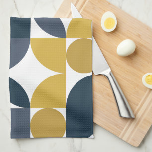Mid Century Modern Abstract 26 Navy, Mustard Tea Towel
