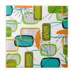 Mid-Century Modern Abstract #57 Tile<br><div class="desc">Mid-Century Modern Abstract in orange,  lime and teal.  Background colour is customisable.</div>