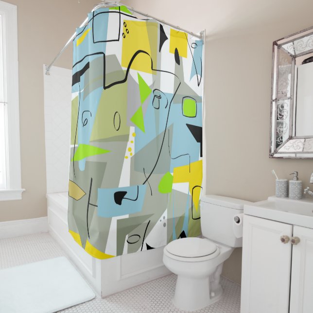 Mid-century Modern Abstract Blue Shower Curtain (In Situ)