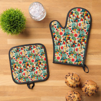 Mid Century Modern Abstract Object Retro Geometric Oven Mitt & Pot Holder Set