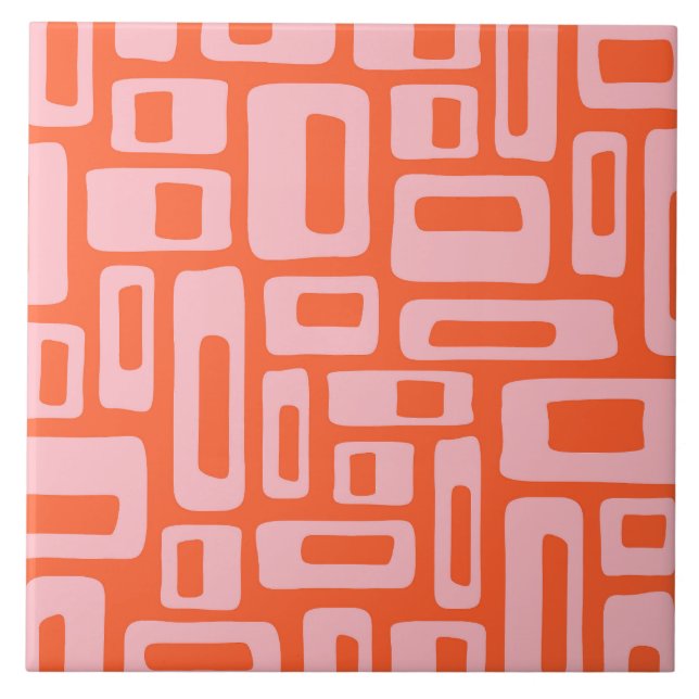 Mid Century Modern Abstract Orange & Pink Pattern Tile (Front)