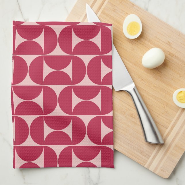 Mid Century Modern Abstract Pattern Magenta Tea Towel (Quarter Fold)