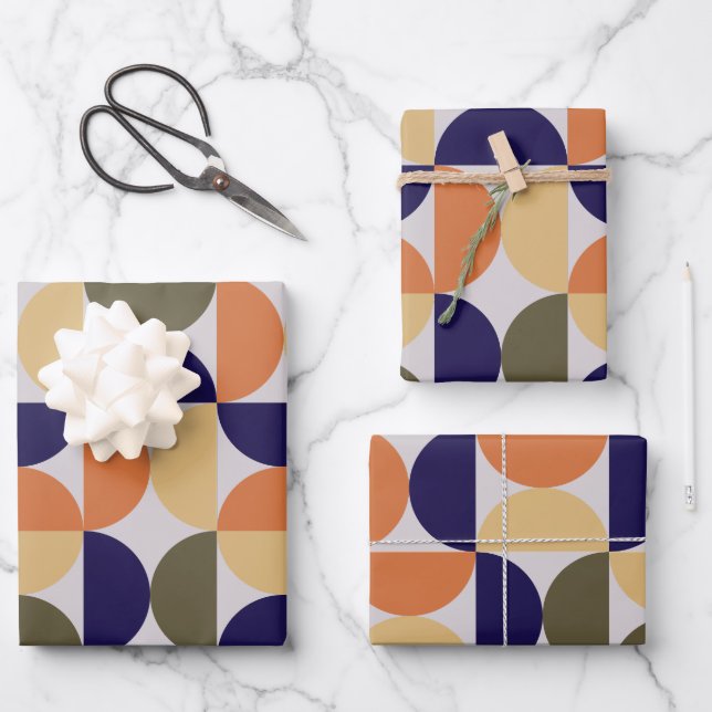 Mid Century Modern Abstract Pattern Orange & Blue Wrapping Paper Sheet (Front)