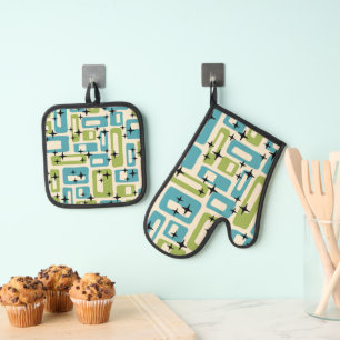 Mid Century Modern Abstract Pattern Oven Mitt & Pot Holder Set