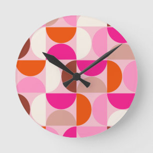 Mid Century Modern Abstract Pattern Pink Orange Round Clock