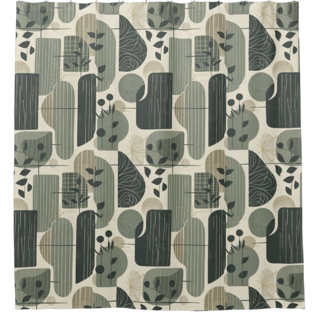Mid Century Modern Abstract Pattern Sage Green Shower Curtain (Front)
