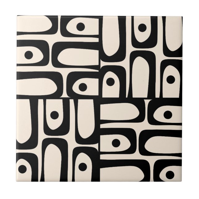Mid Century Modern Abstract Piquet Black and Cream Tile (Front)