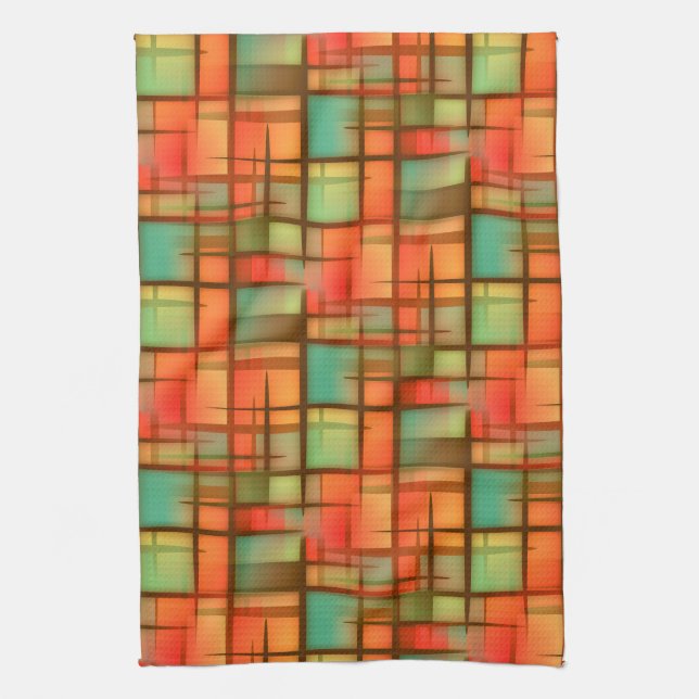 Mid Century Modern Abstract Plaid Blue Green Red Tea Towel (Vertical)