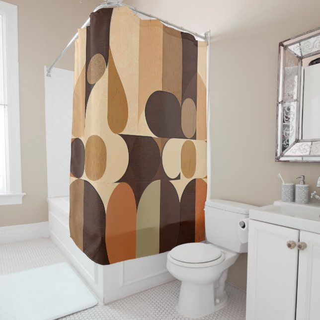 Mid Century Modern Abstract Retro Brown Earth Tone Shower Curtain (In Situ)