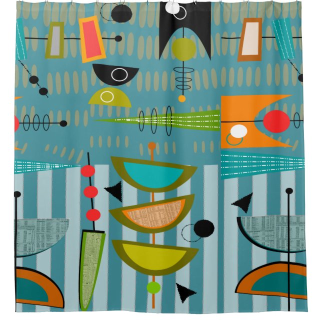 Mid-Century Modern Abstract Shapes Blue Shower Curtain (Front)
