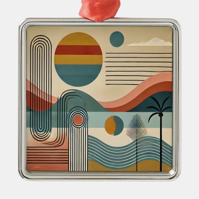 Mid Century Modern Art Beach Sunrise  Metal Tree Decoration (Front)