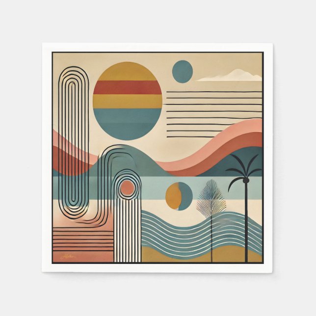 Mid Century Modern Art Beach Sunrise  Napkin (Front)