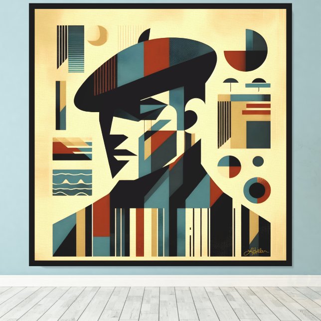 Mid Century Modern Art Man Wearing A Beret Canvas Print (Insitu(Wood Floor))
