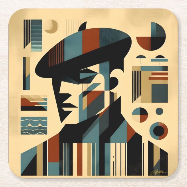 Mid Century Modern Art Man Wearing A Beret Square Paper Coaster (Front)