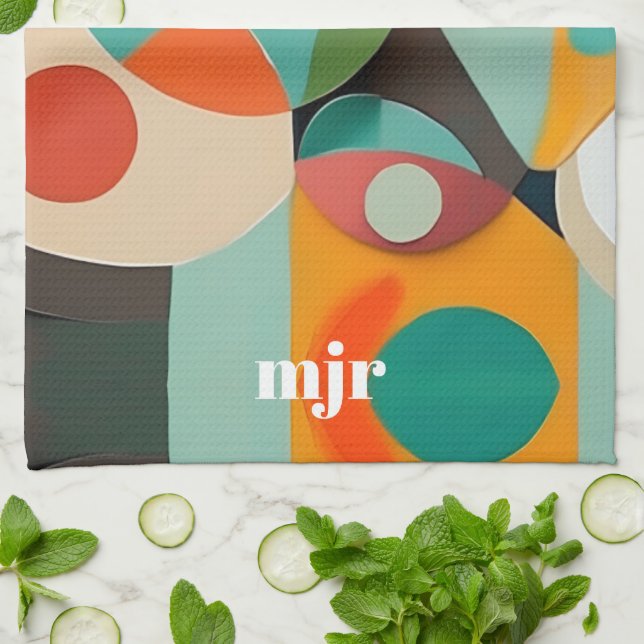 Mid Century Modern Art Monogram or Name, Geometric Tea Towel (Folded)