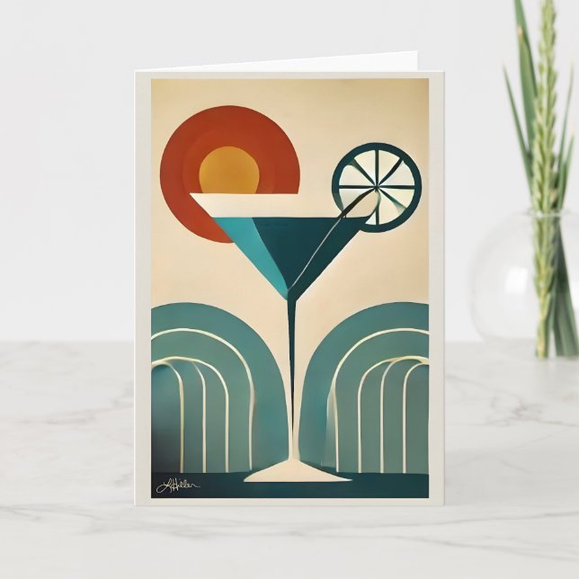 Mid Century Modern Art Mountain Sunrise Martini Card (Front)