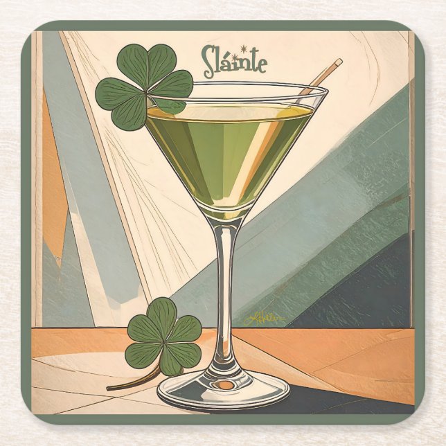 Mid Century Modern Art Shamrock Martini Sláinte!  Square Paper Coaster (Front)