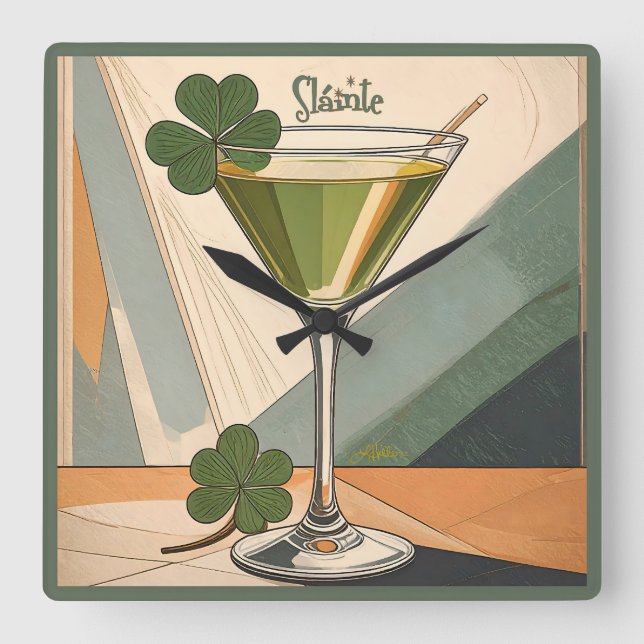 Mid Century Modern Art Shamrock Martini Sláinte!  Square Wall Clock (Front)