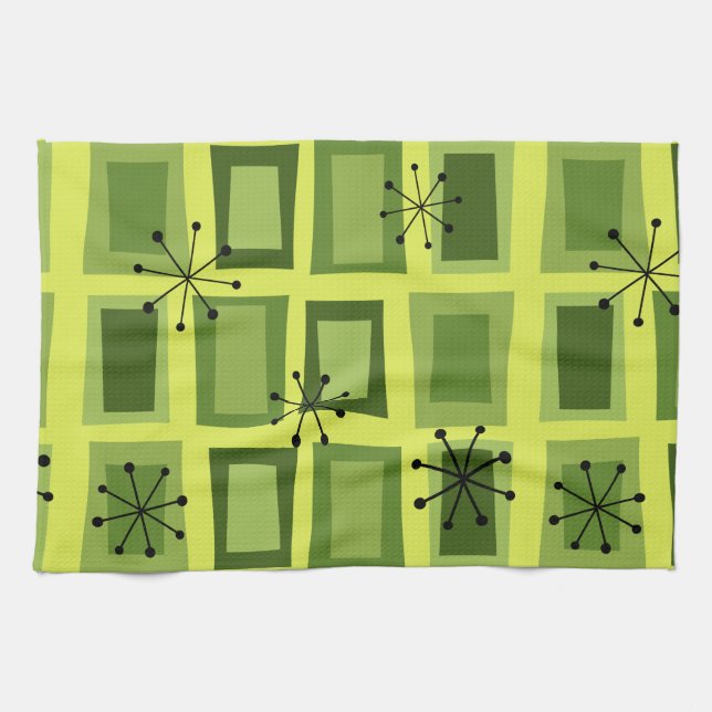 Mid Century Modern Art 'Wonky Doors' Chartreuse Tea Towel (Horizontal)