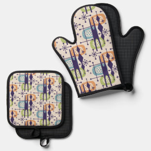 Mid Century Modern Atomic Age Abstract Pattern Oven Mitt & Pot Holder Set