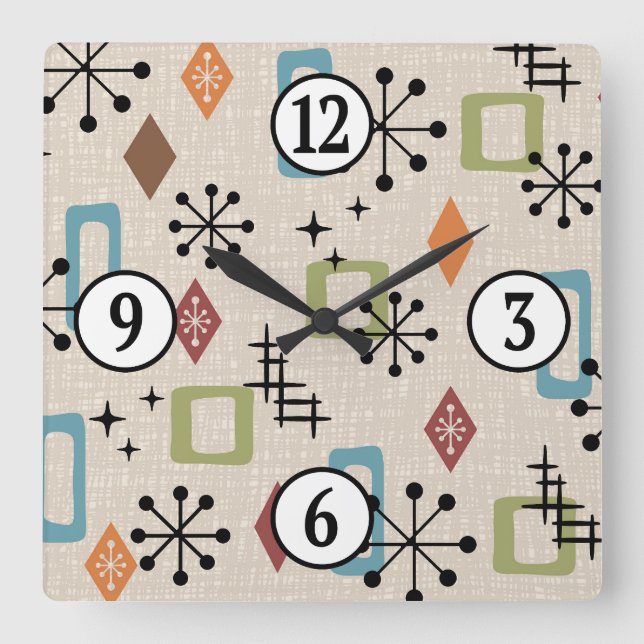 Mid Century Modern Atomic Age Starburst Pattern Square Wall Clock (Front)
