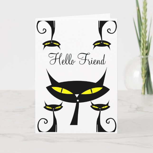 Mid Century Modern Atomic Black Cat Hello Friend Card (Front)
