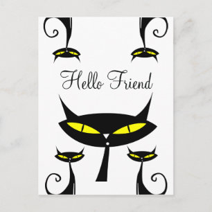 Mid Century Modern Atomic Black Cat Hello Friend Postcard