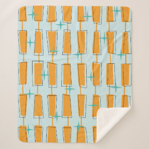 Mid Century Modern Atomic Blocks Aqua, Orange Sherpa Blanket