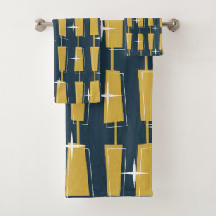 Mid Century Modern Atomic Blocks Navy, Mustard Bath Towel Set