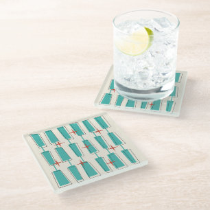 Mid Century Modern Atomic Blocks Teal, Cream, Red Glass Coaster
