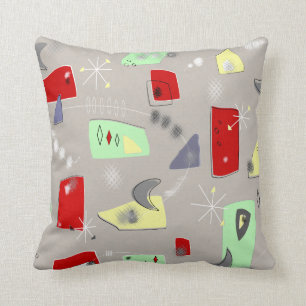 Mid-Century Modern Atomic Boomerangs Red Grey Cushion