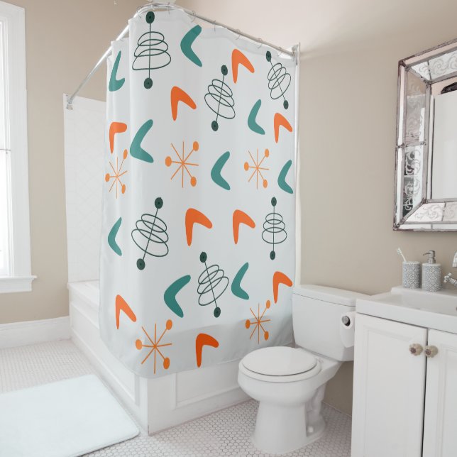 Mid-Century Modern Atomic Boomerangs Shower Curtain (In Situ)