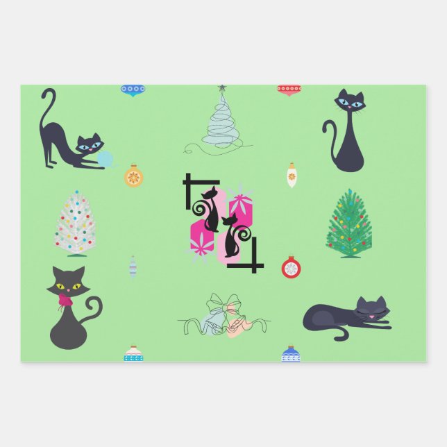Mid Century Modern Atomic Cat Christmas Holiday  Wrapping Paper Sheet (Front 3)