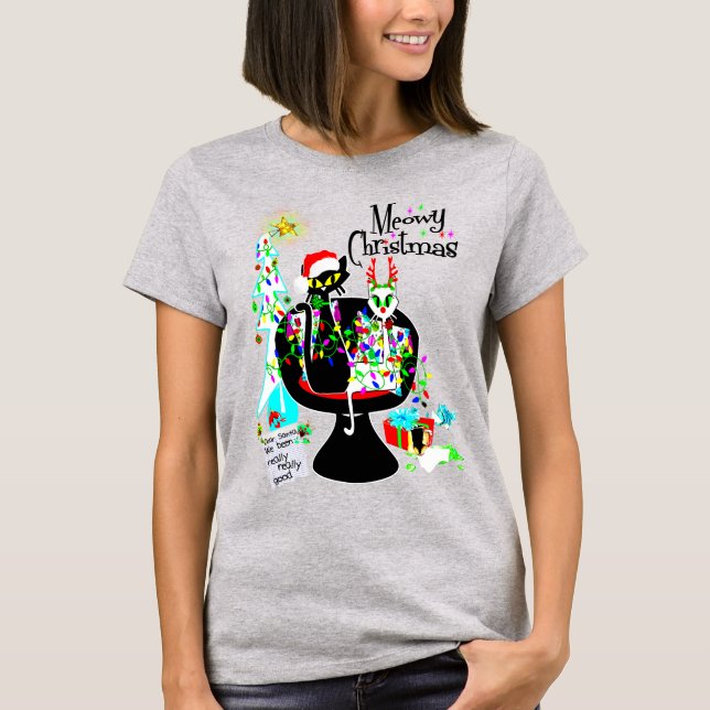 Mid Century Modern Atomic Cat Meowy Christmas T-Shirt (Front)