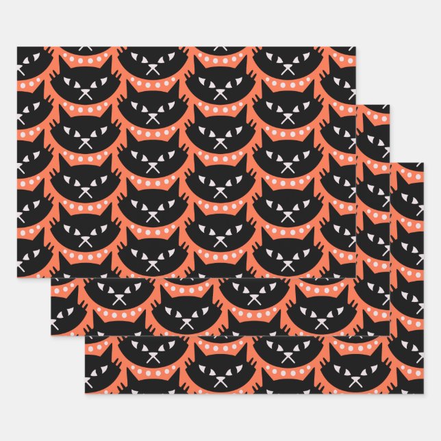 Mid Century Modern Atomic Cat Pattern Wrapping Paper Sheet (Set)