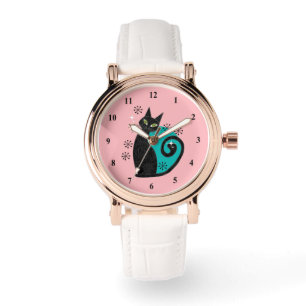 Mid Century Modern Atomic Cat Pink Blue Retro Watch